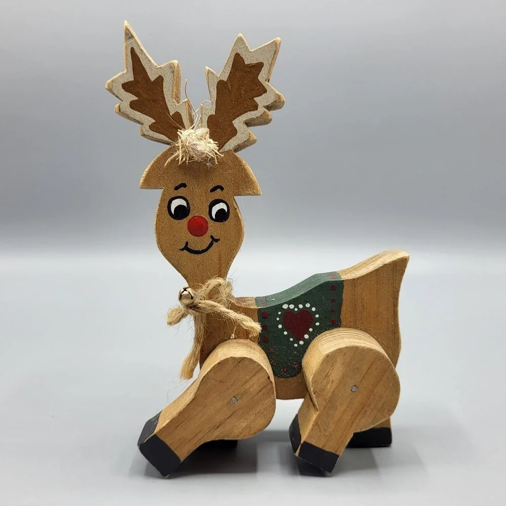 Vintage Wooden Red Nose Reindeer Figurine Holiday Decor Small Rustic Folk Art